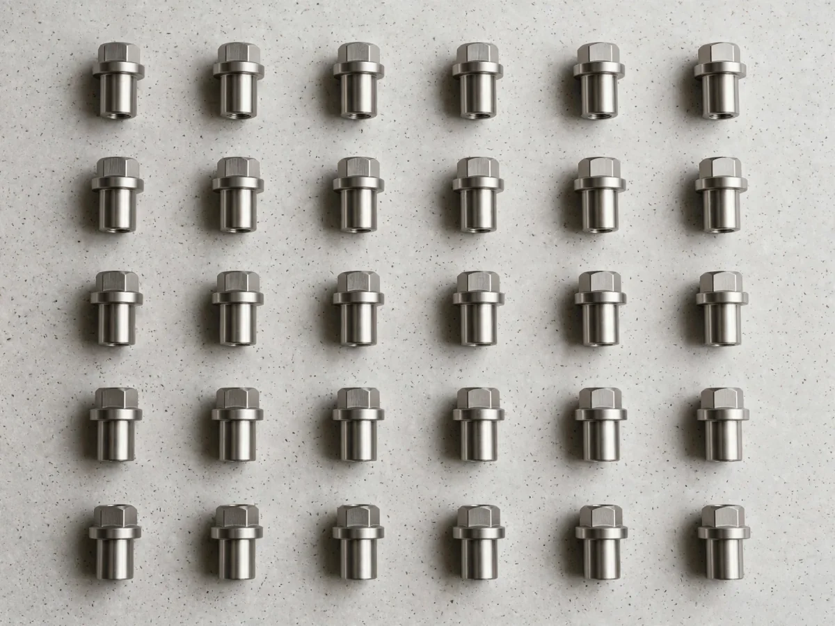 Small parts arranged in neat rows on the same tabletop under even, consistent light.