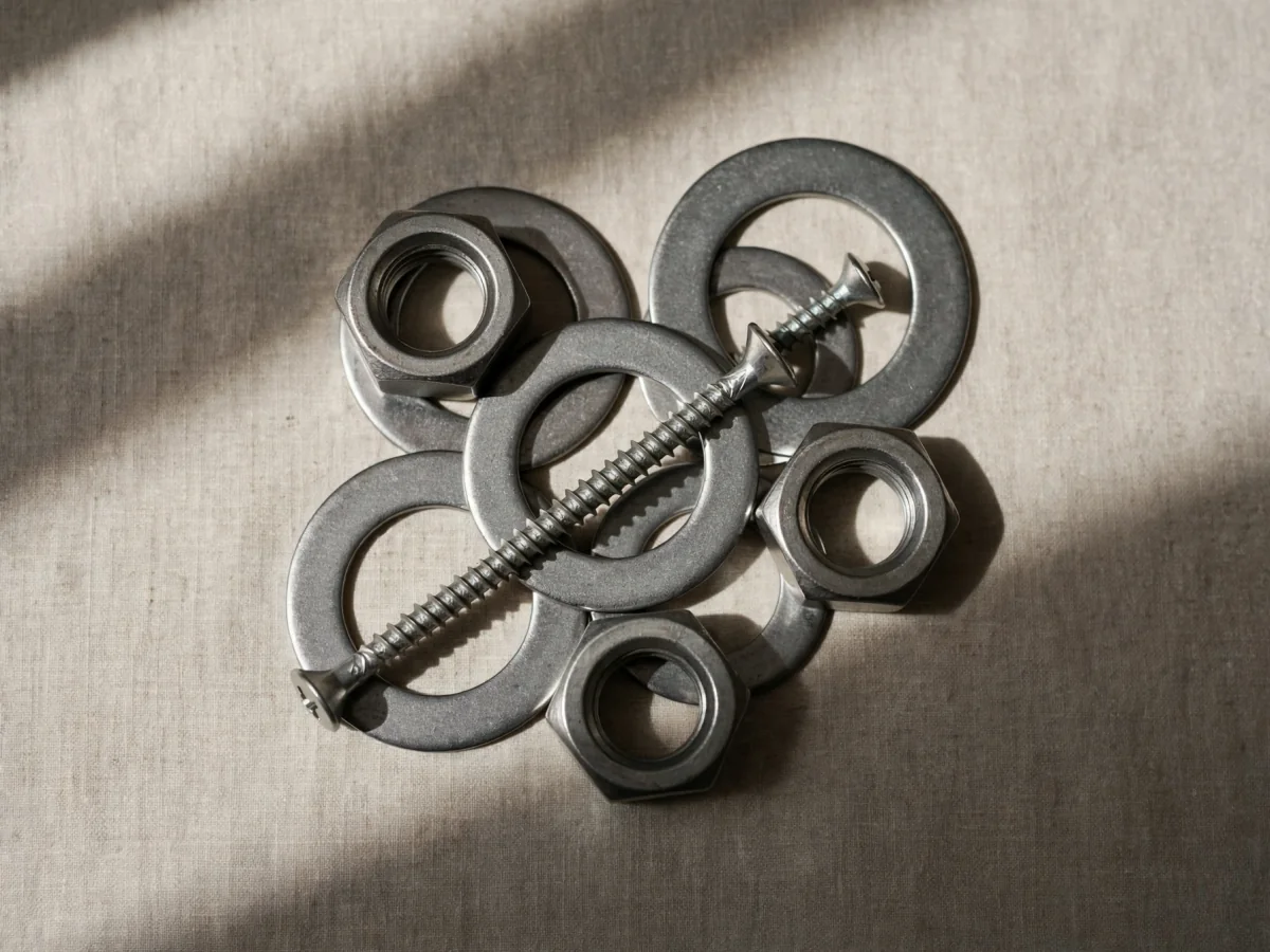 Small metal objects overlap in soft directional light, with some of their edges hidden.