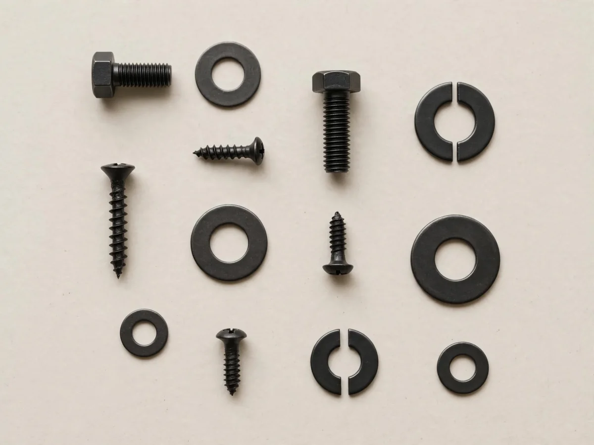 Small hardware pieces arranged with visible gaps on a matte tabletop, viewed from above.