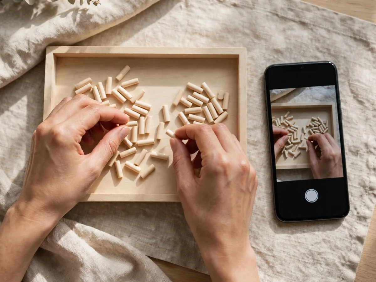 A person manually counting small items in a tray beside a smartphone camera.